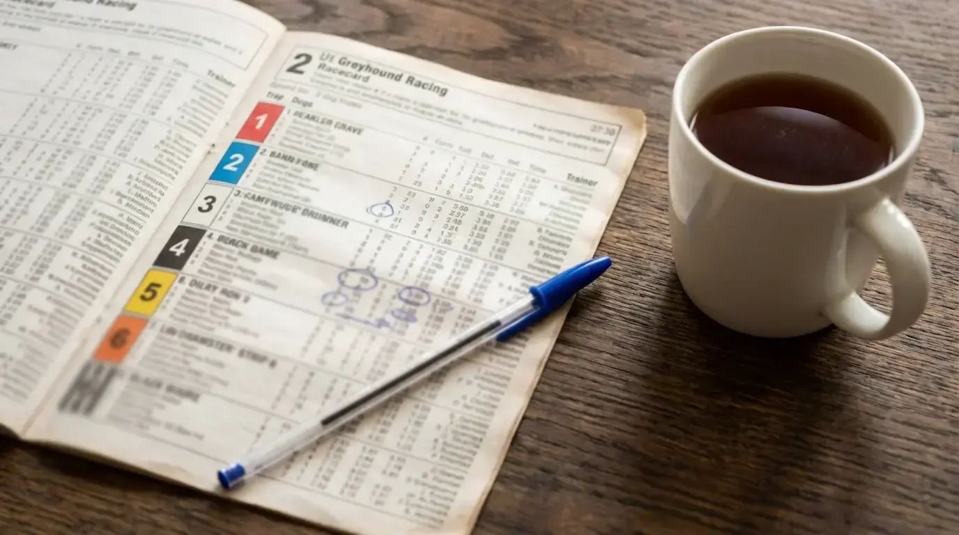 Close-up of a printed greyhound racecard with form figures and trap numbers on a desk